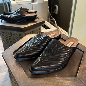 GUESS, black leather mules, size 6.5